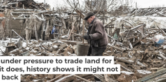 An elderly Ukrainian walks through the rubble following a Russian aerial bomb strike in Donetsk Oblast. Diego Herrera Carcedo/Anadolu via Getty Images